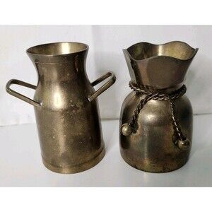 VTG BRASS VASE VESSEL w/ TWISTED ROPE TIE FLUTED EDGE & Brass Two Handle Jug